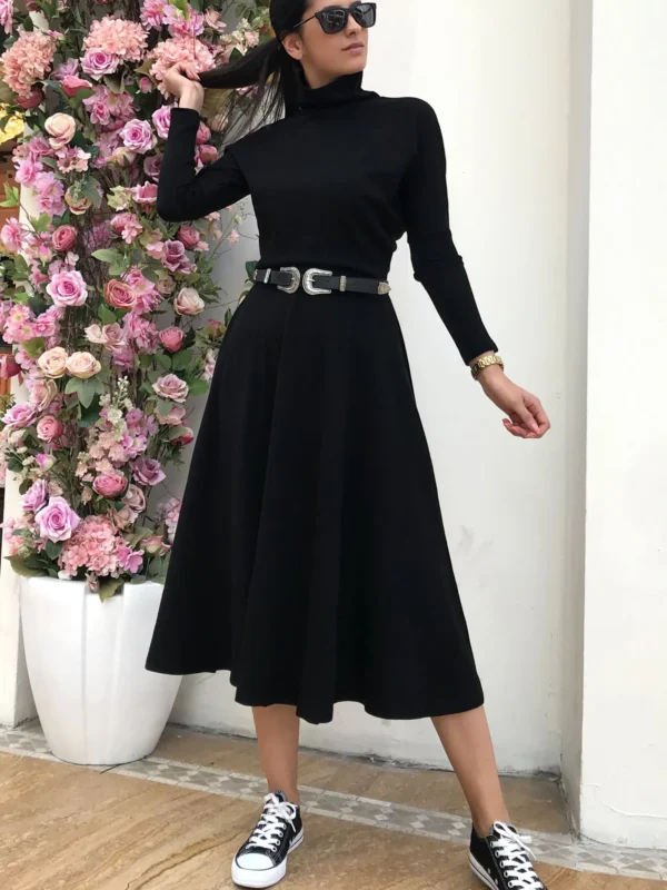 Pissos Siyah Beli Lastikli Uzun Triko Elbise OZ11