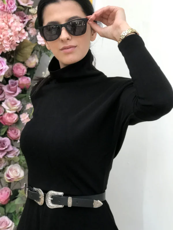 Pissos Siyah Beli Lastikli Uzun Triko Elbise OZ11