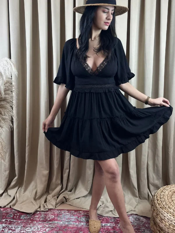 Kısa Kollu V Yaka Siyah Mini Elbise