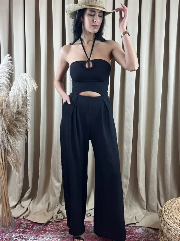 Boyundan Bağlamalı Straplez Siyah Tulum