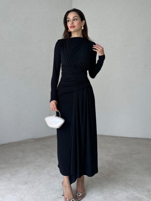 Modal Drapeli Uzun Kollu Siyah Elbise