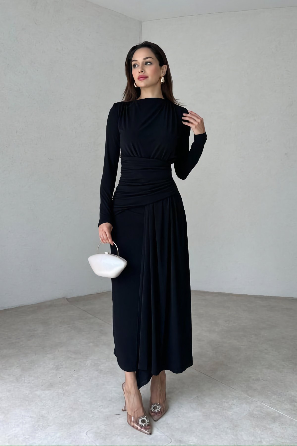 Modal Drapeli Uzun Kollu Siyah Elbise