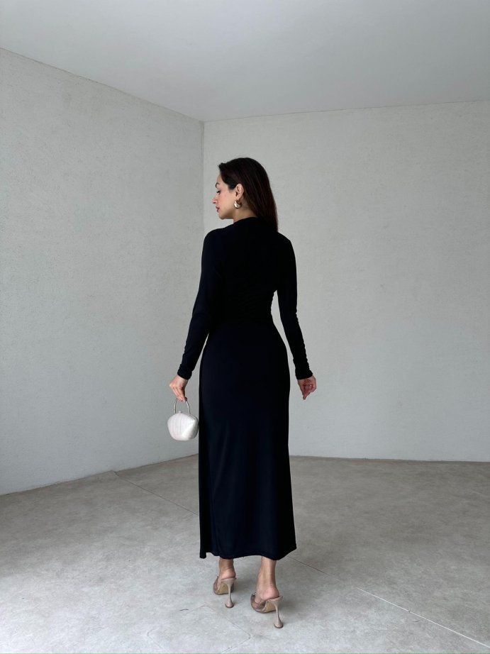 Modal Drapeli Uzun Kollu Siyah Elbise - Görsel 4