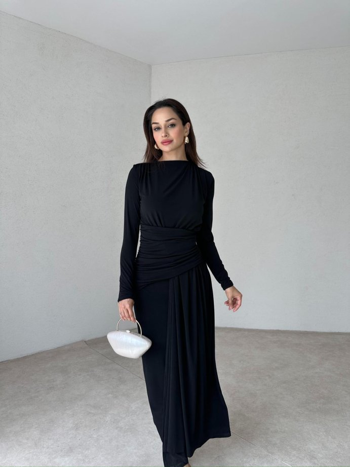Modal Drapeli Uzun Kollu Siyah Elbise - Görsel 2