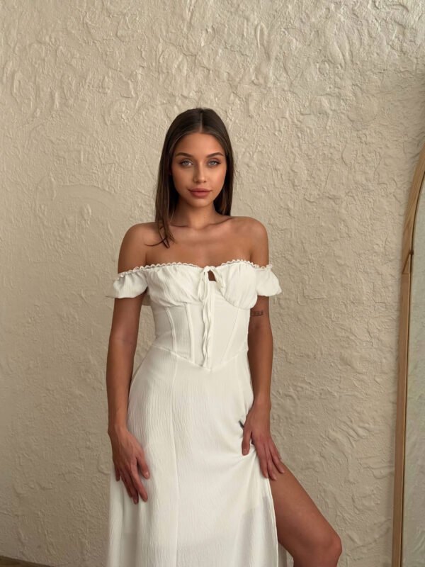 Mermaid Tarzı Yaka Bağcıklı Dantel Detaylı Midi Corset Elbise