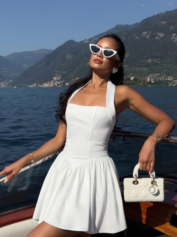 Halter Yaka A Kesim Mini Contour Elbise - Beyaz