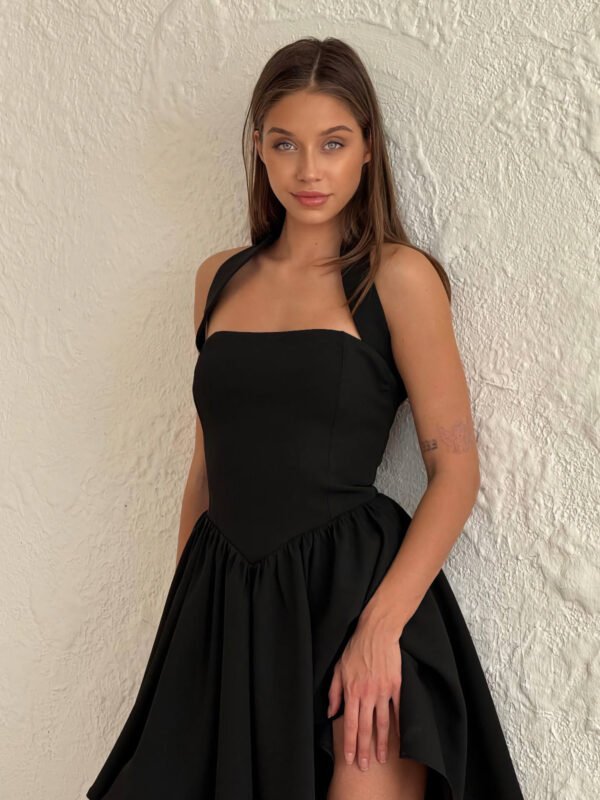 Halter Yaka A Kesim Mini Contour Elbise - Siyah