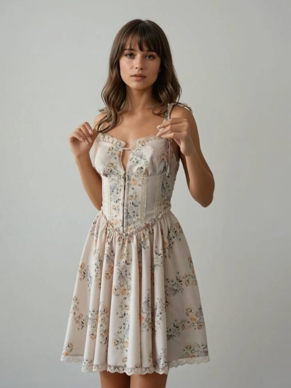 Romantik Çiçek Desenli Dantel Detaylı Bej Korseli Mini Elbise